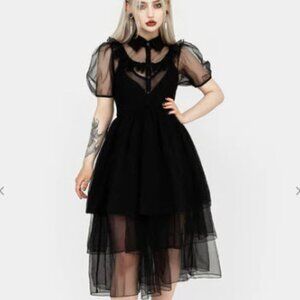 Disturbia Headhunter Frill Yoke Gown Black Gothic Tulle Puff Sleeve Dress UK 16